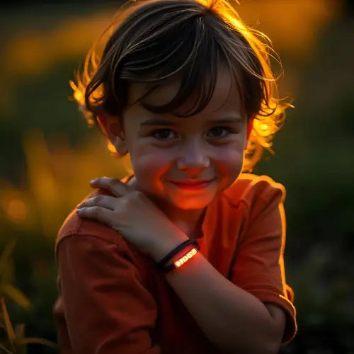 Bébé portant un bracelet anti-moustique naturel dans la nature, calme et apaisé, protection douce par diffusion d’huiles essentielles sans produits chimiques, idéal pour les peaux sensibles