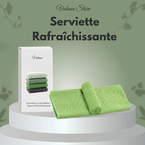 Serviette rafraîchissante verte, microfibre douce, fraîcheur immédiate après sport ou plage